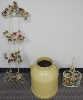 PAINTED METAL JUG, BASKET AND