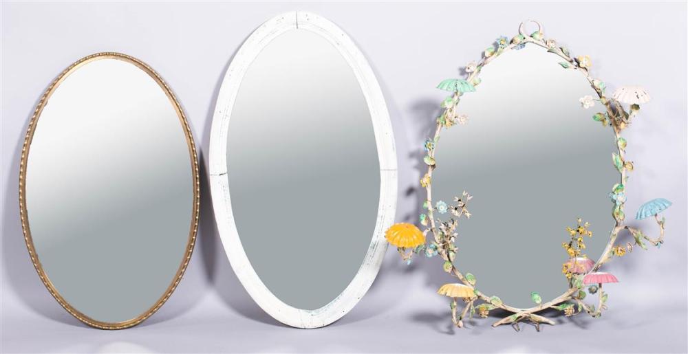 PAINTED METAL OVAL MIRROR AND TWO
