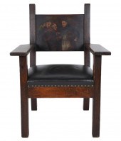 PAINTED OAK & LEATHER ARMCHAIR