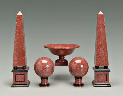 Painted obelisk and orb set: two