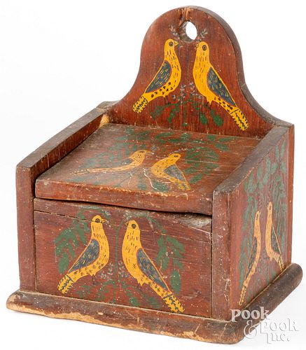 PAINTED PINE HANGING SALT BOX, 19TH