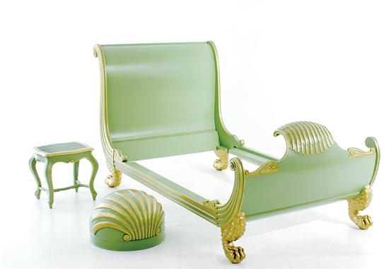 Painted shell-carved sleigh bed