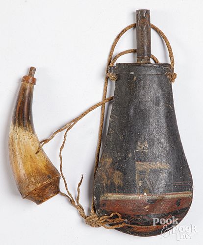 PAINTED TIN POWDER FLASK AND POWDER