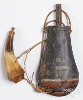 PAINTED TIN POWDER FLASK AND P