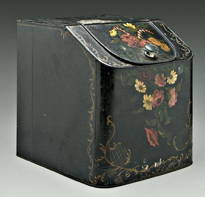 Painted tole tea canister, slant