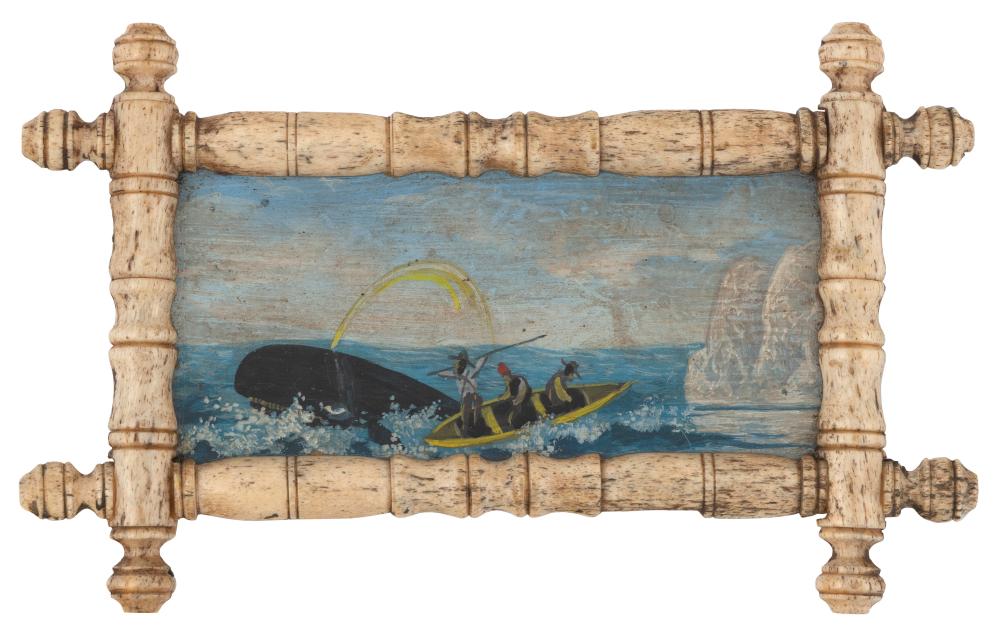 PAINTED WHALEBONE PANEL WITH