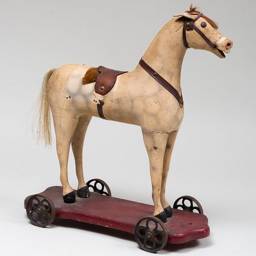 PAINTED WOOD AND LEATHER HORSE PULL