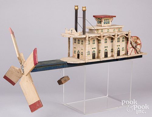 PAINTED WOOD PADDLEWHEEL BOAT