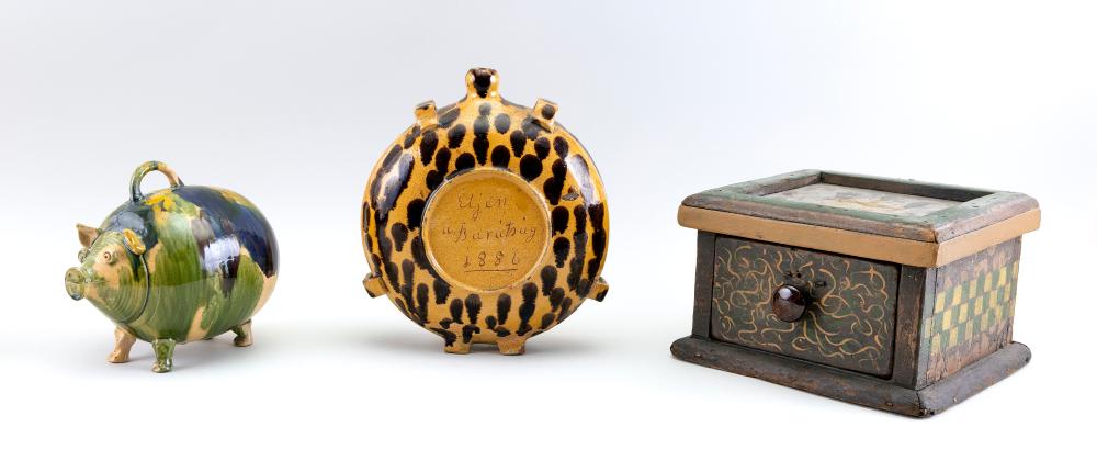 PAINTED WOODEN BOX AND TWO