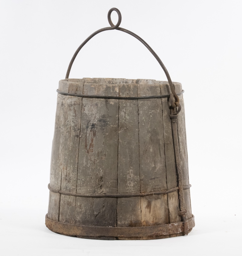PAINTED WOODEN BUCKET WITH FORGED