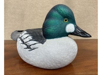 Painted wooden duck carving, signed