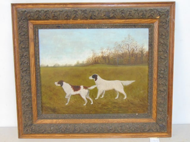 PAINTING, 2 DOGS IN LANDSCAPE,
