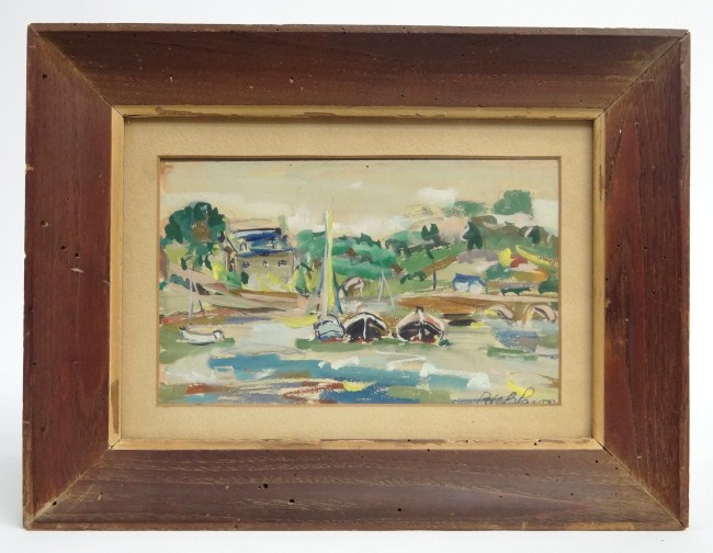 Painting boats in harbor signed