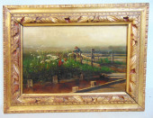 PAINTING, CHILDREN ON FENCE IN