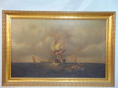 PAINTING, COASTAL SCENE WITH V