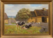 PAINTING, COWS IN THE BARNYARD