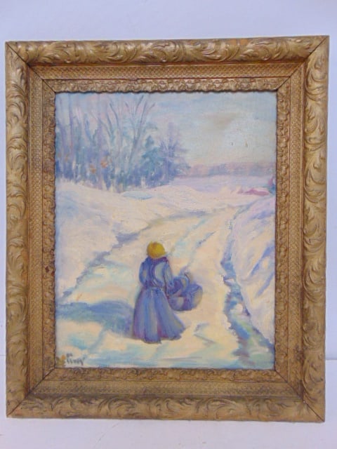 PAINTING, GIRL IN WINTER LANDSCAPE,