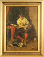 PAINTING, MAN POLISHING ARMOR