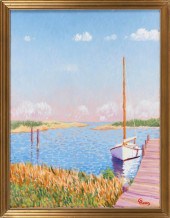 PAINTING OF A SAILBOAT AT DOCK