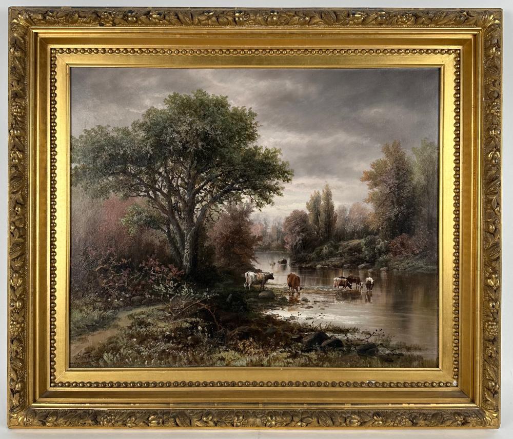 PAINTING OF COWS IN A STREAM 19TH