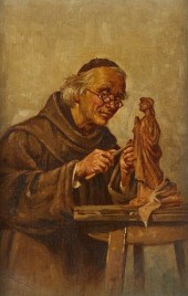 PAINTING OF MONK CARVING FIGUR