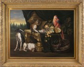 PAINTING OF TWO DOGS, A MONKEY