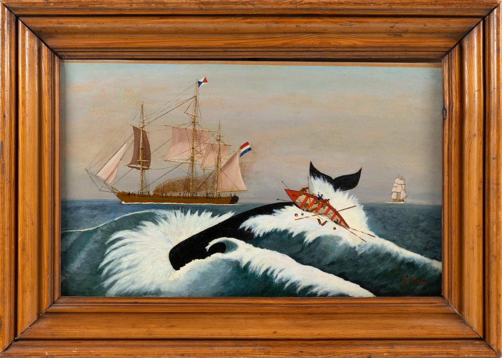 PAINTING OF WHALING SCENE LATE