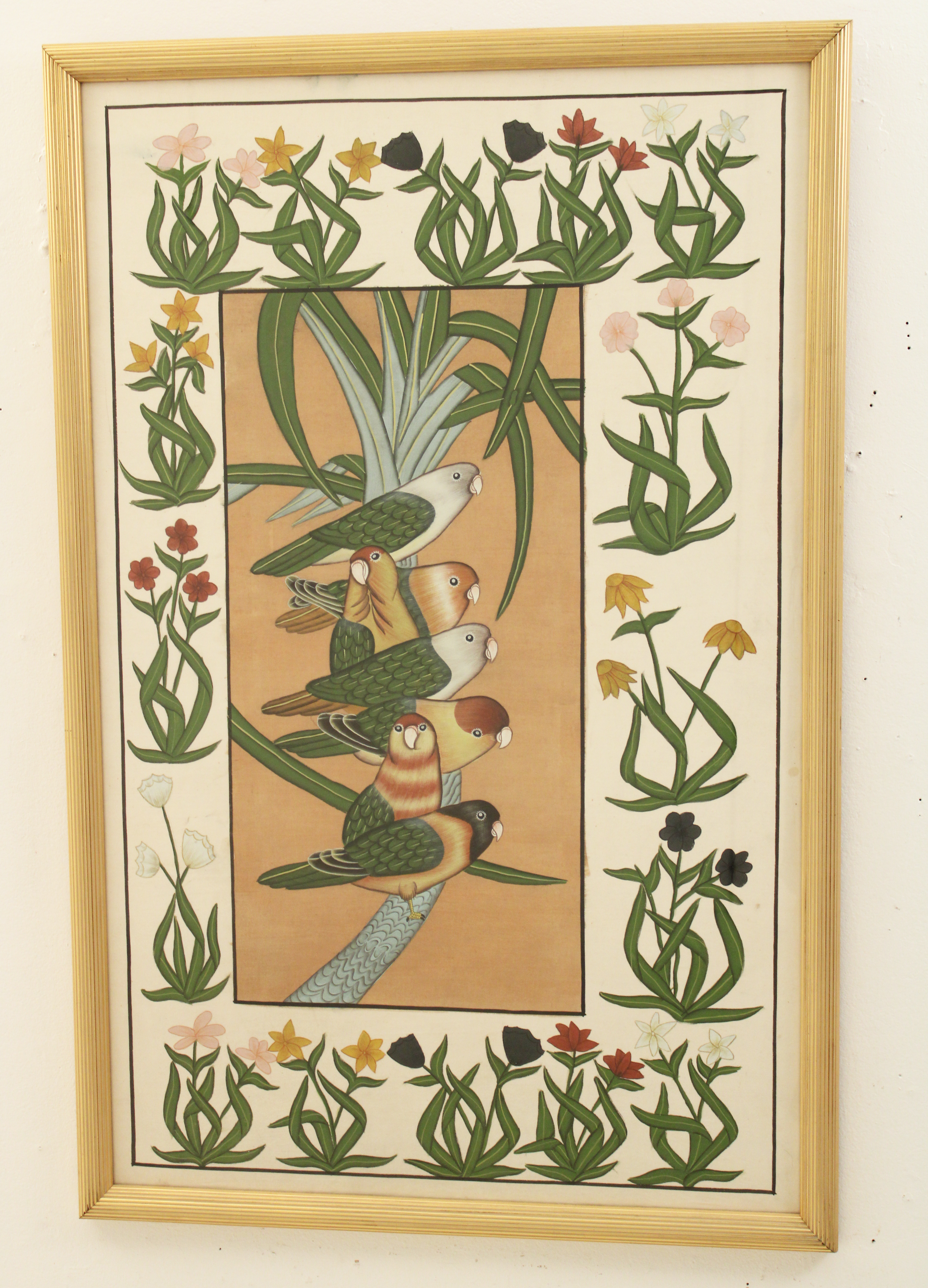 PAINTING ON LINEN OF PARAKEETS