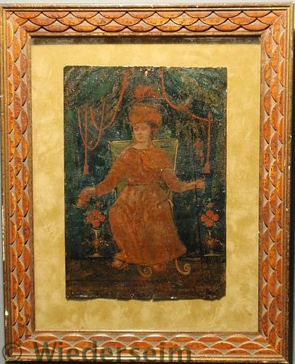 Painting on tin of a seated Spanish