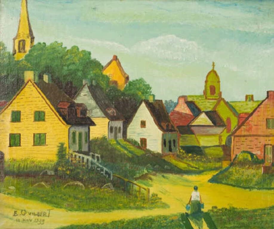 PAINTING QUEBEC VILLAGE SCENEAn oil