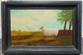 PAINTING, SINGLE SHEEP BY FENC
