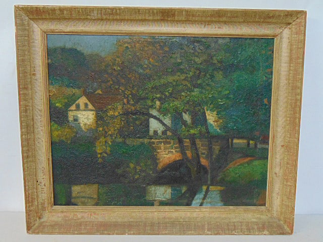 PAINTING, STONE BRIDGE OVER STREAM,