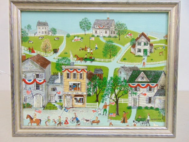 PAINTING, VILLAGE SCENE WITH