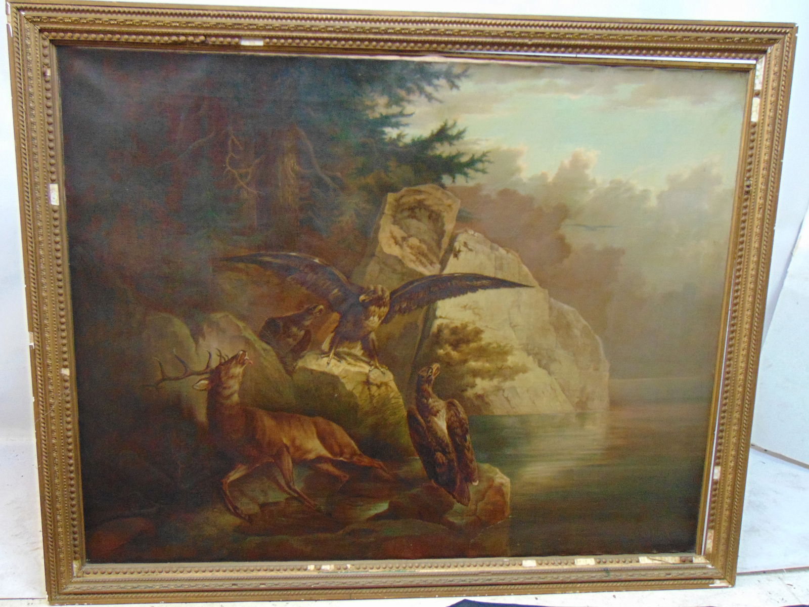 PAINTING, VULTURES WITH DEER BY
