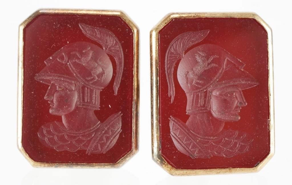 PAIR 14K CARNELIAN INTAGLIO