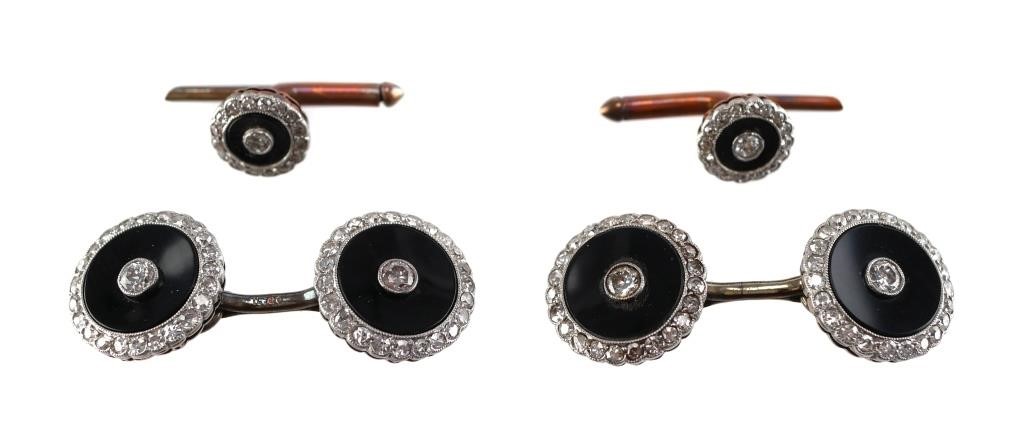 PAIR 14K DIAMOND & ONYX CUFFLINKS &