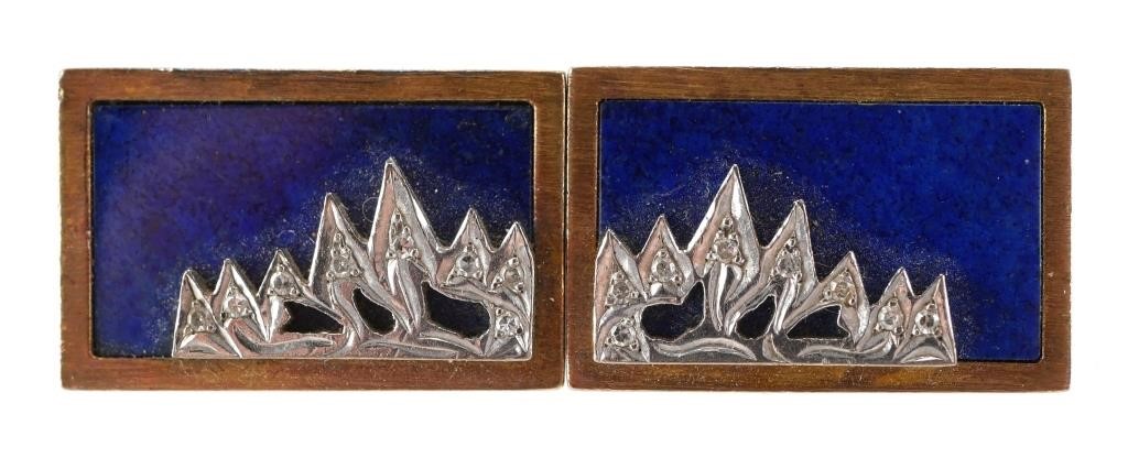 PAIR 14K GOLD DIAMOND LAPIS