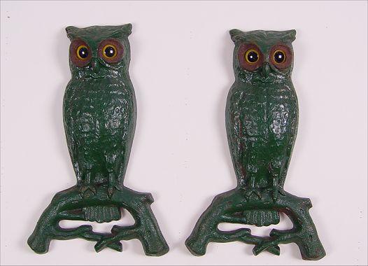 PAIR 1887 OWL ANDIRONS WITH GLASS