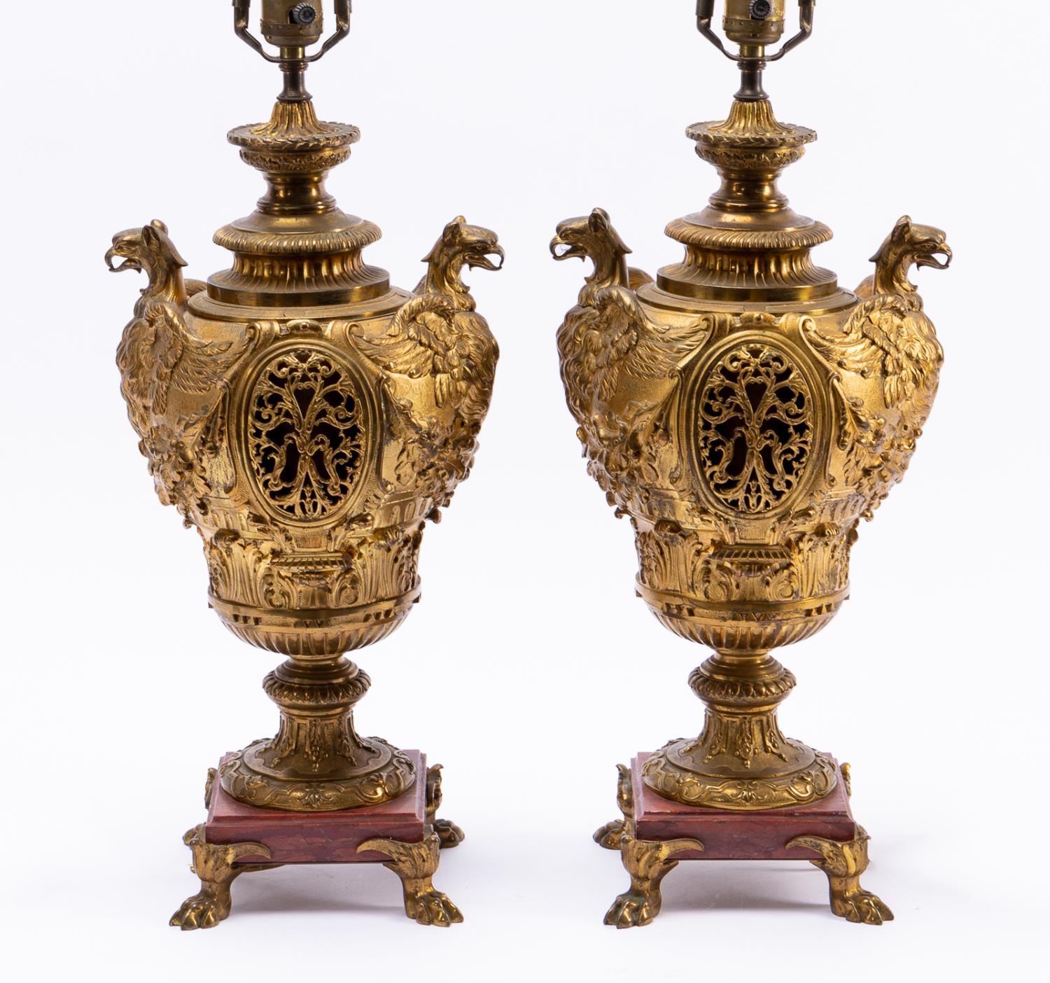 PAIR, 19TH C. GILT BRONZE URN LAMPS