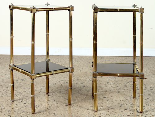 PAIR 2-TIER BRASS ENDS TABLES CLEAR