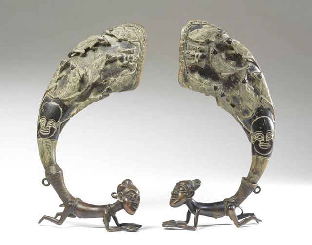 PAIR AFRICAN BRONZE HORN DISPLAYS