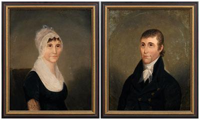 Pair American folk art portraits: