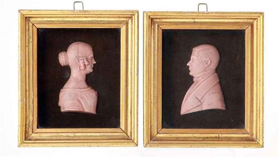 Pair American wax portraits of lady
