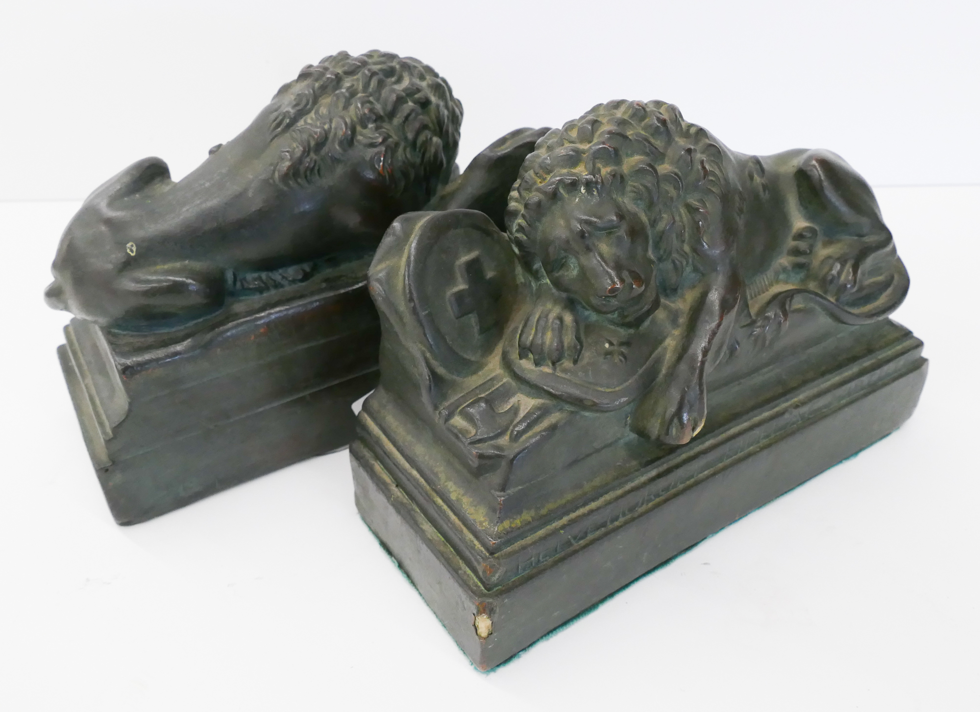 Pair Antique Armored Bronze Lion