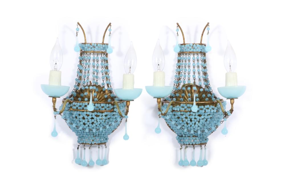 PAIR ANTIQUE BLUE OPALINE GLASS