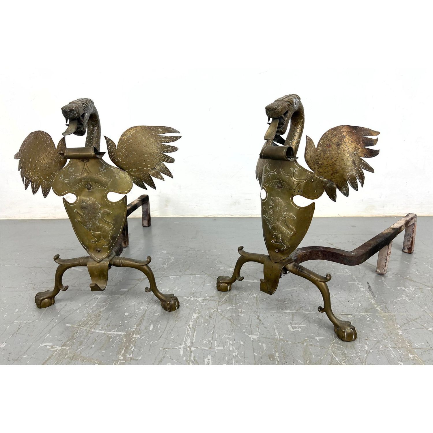 Pair Antique Winged Dragon Brass
