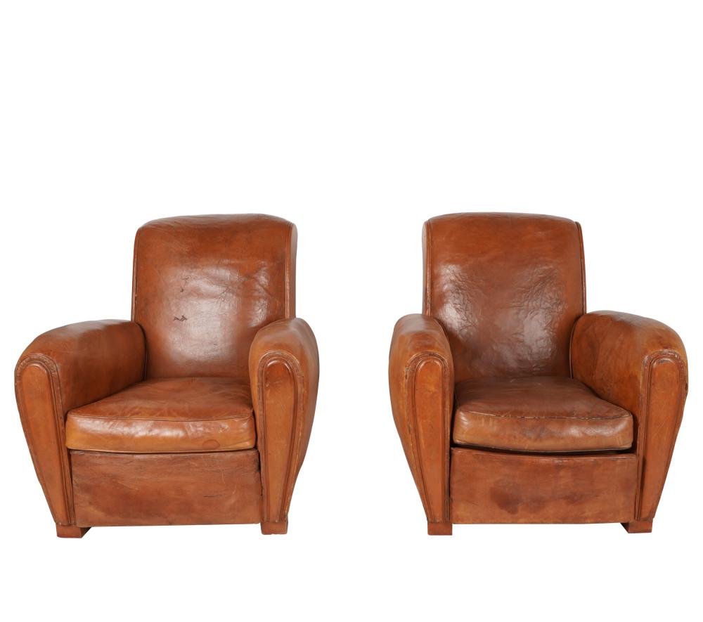 PAIR ART DECO BROWN LEATHER CLUB