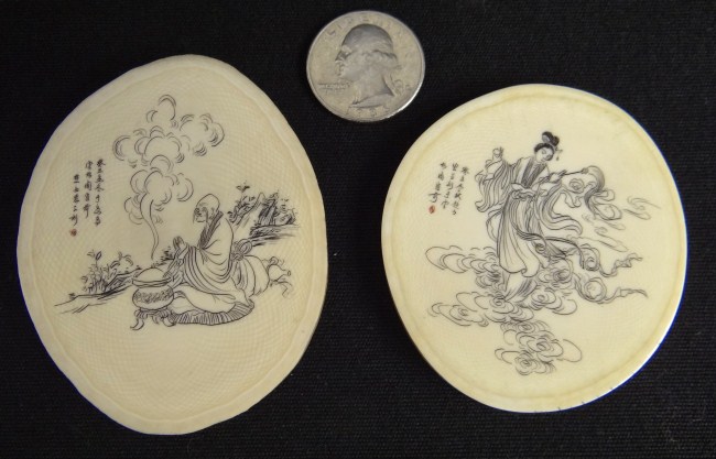 Pair Asian ivory scrimshaw discs.