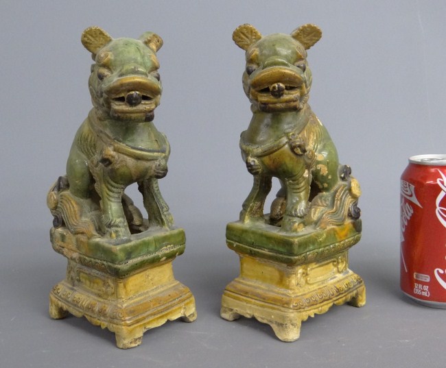 Pair Asian pottery Foo Dogs. 9 1/2'