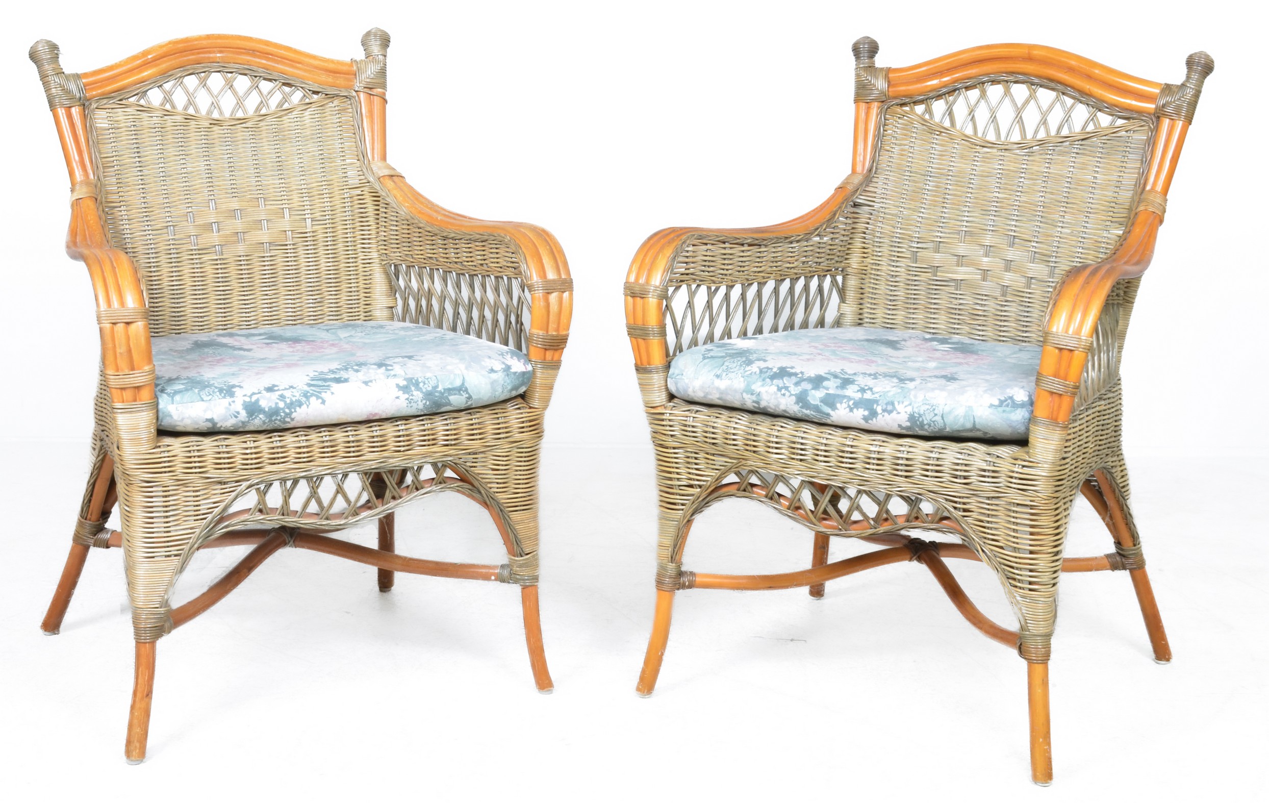 Pair bamboo and wicker armchairs,
